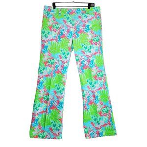 Lilly Pulitzer sz 14 Corduroy Green Pink Blue Gecko Wide Leg Pants